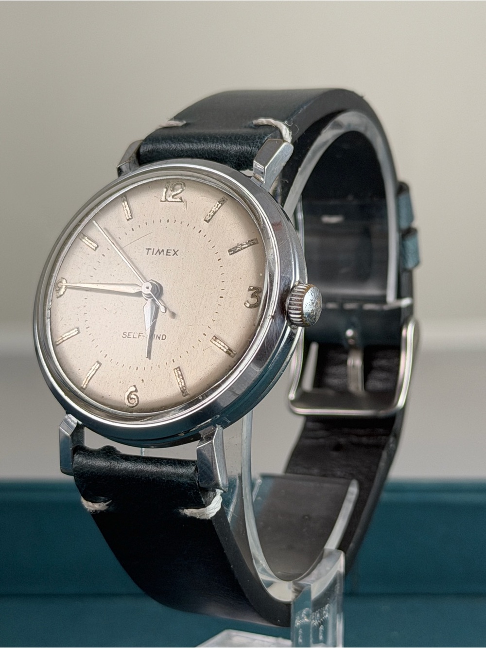 Timex Stainless Case Watch with Cream Dial and Black Leather Strap